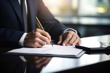 Candid shot of businessman writing or sign in document at office, CEO, Manager, Work space, meetings.