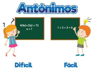 Colorful vector illustration of antonyms Dificil and Facil in Spanish means difficult and easy