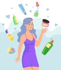 Middle-aged woman choosing effective anti-aging cosmetic products vector illustration. Anti-wrinkle serum, cream, line-reducing retinol. Beauty, skin care concept