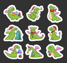 Happy funny green dragon. Happy New Year. Sticker Bookmark. Cute character. Fairytale monsters. Hand drawn style. Vector drawing. Collection of design elements.