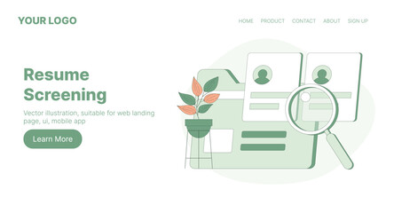 Resume Screening. Web Landing Page Design. Flat Cartoon Vector Illustration.