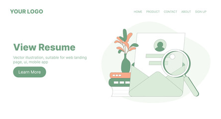View Resume. Web Landing Page Design. Flat Cartoon Vector Illustration.