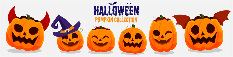 Funny Halloween Pumpkin Vector on White Background. Emotion Variation Style Pumpkin. Orange pumpkins with smiles for your design for the holiday. Scary Jack-o-lantern facial expressions Illustration