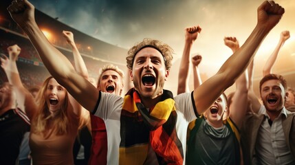 Group of sport fans on stadium cheering football match with flags national, Celebrating to the winner.