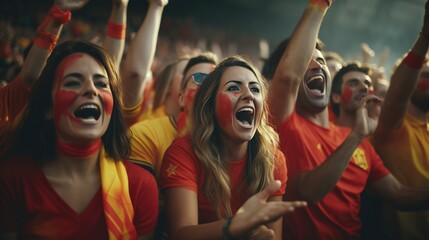 Group of sport fans on stadium cheering football match with flags national, Celebrating to the winner.