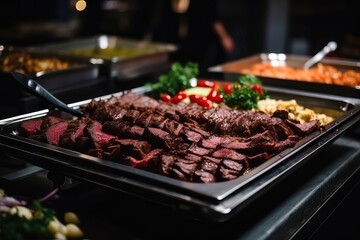 Catered Buffet Indoors, Sizzling Grilled Meat Entices Guests - obrazy, fototapety, plakaty