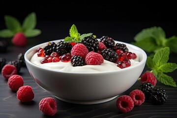 A close - up shot of a healthy breakfast bowl with greek yogurt and mixed berries 