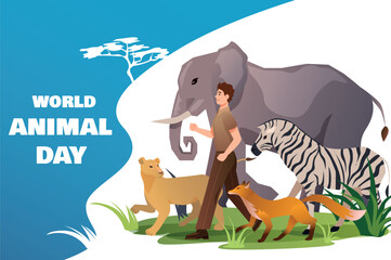 Banner concept animal day in flat cartoon style. This art work boasts a riot of colors, portraying the richness and diversity of the animal kingdom in a visually striking manner. Vector illustration.