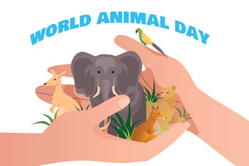Banner concept animal day in flat cartoon design. This illustration highlights the significance of protecting and appreciating the rich tapestry of wildlife on our planet. Vector illustration.