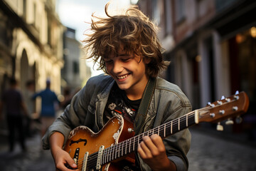 A street musician. A young man plays guitar on a city street. - obrazy, fototapety, plakaty