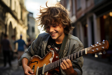 A street musician. A young man plays guitar on a city street.