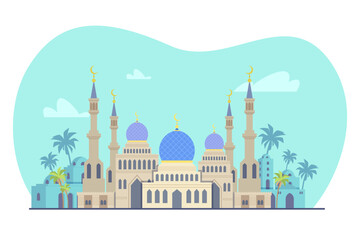 Mosque with crescent moon vector illustration. Religious place of worship with beautiful architecture. Muslim, islam, divine architecture concept.