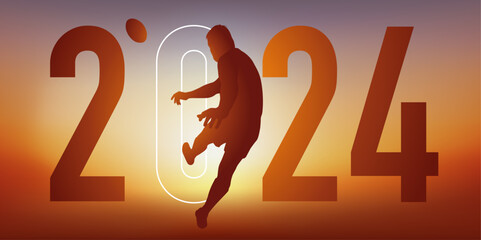 Concept du sport sur le thème du rugby pour une carte de vœux 2024, montrant un rugbyman qui s’élance pour transformer un essais. - 664850928