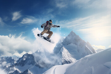 Naklejka na ściany i meble Man doing midair tricks with snowboard while riding off piste.