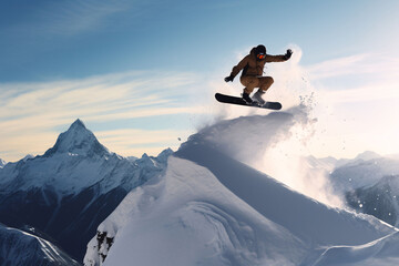 Naklejka na ściany i meble Snowboarder gets air off of a jump on a deep powder above a glacier.