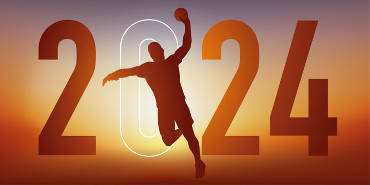 Concept du sport sur le thème du handball pour une carte de vœux 2024, montrant un handballeur qui s’élance pour marquer au but.