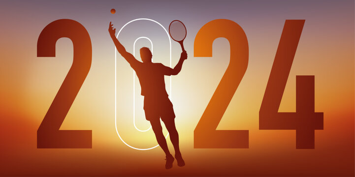 Concept du sport sur le thème du tennis pour une carte de vœux 2024, montrant un tennisman faisant un service.
