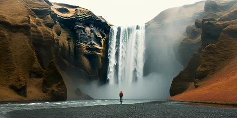 Foto op Plexiglas Chocoladebruin Woman overlooking waterfall.
