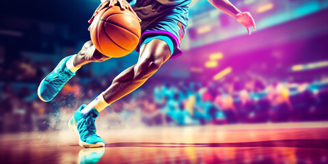 Close up Basketball player with a ball in action and motion. Concept of sport, movement, energy and...