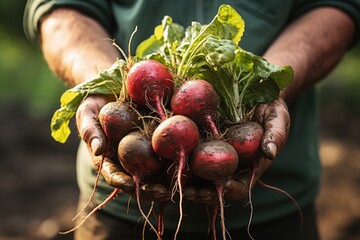 fresh ripe radish in farmer hands on field. Organic farming ,Generative Ai - obrazy, fototapety, plakaty