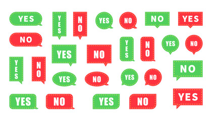 Yes, no icon set. Yes No text on the conversation form. Green and red color. Design element for badge, sticker, sign, symbol icon and card chat. Test question. Vector illustration