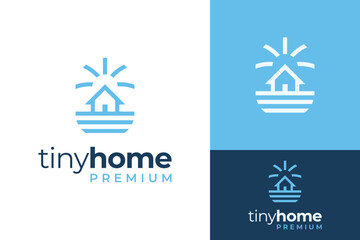 Creative Premium Tiny Home House with Abstract Sun Light Beach Logo Design Branding Template - obrazy, fototapety, plakaty
