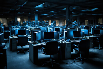 An office scenario where technical glitches halt productivity, emphasizing inefficiency and lost work time