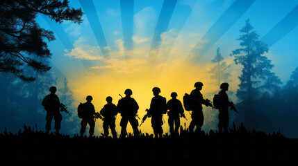Illustration of war-themed soldier silhouettes on background with yellow and blue colors like a ukrainian flag