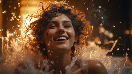 Young happy beautiful woman in the bathtub with foam