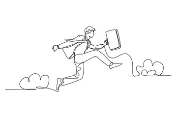 Single one line drawing of young happy and energetic business man carrying a briefcase jumping over the cloud. Business agility concept. Modern continuous line draw design graphic vector illustration