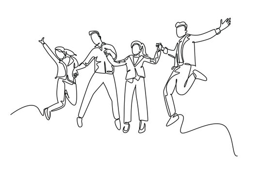 Single continuous line drawing young happy business man and business woman jumping to celebrate their successive team business. Business deal concept. One line draw graphic design vector illustration
