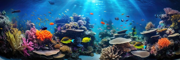 Fototapeta na wymiar Vibrant healthy sunlit coral reef with colorful tropical fish and sea life 