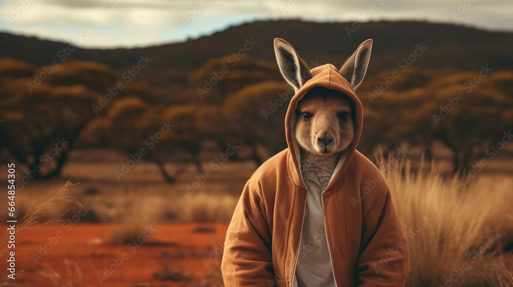 Sticker Kangaroo donning a cozy sweater and beanie, obscured outback scenery.