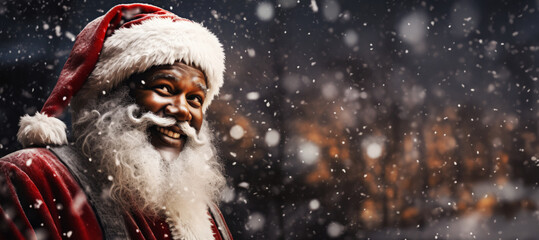 Black african american santa claus in snow in front of trees. With copy space. © Chrixxi