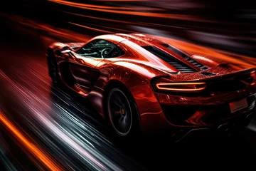 Foto op Canvas Red sports car at night riding on road, hyper speed. © Galina