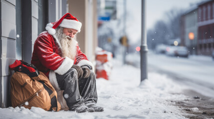 Homeless santa sleeping in city street. Economic concept. - obrazy, fototapety, plakaty