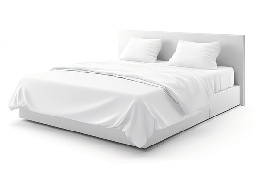 Isolated mockup of white bed with white headboard and bedding on white background