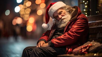 Obraz premium Homeless santa sleeping on park bench. Economic concept.