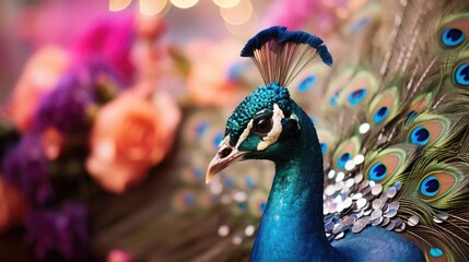 Naklejka premium Peacock displaying vibrant feathers and a jeweled tiara, soft garden bokeh.