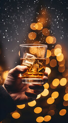 Man hand holding glass of whisky scotch with ice. AI generated image.