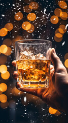 Man hand holding glass of whisky scotch with ice. AI generated image.