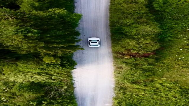 Aerial top down shot of car driving on dirt road through nature