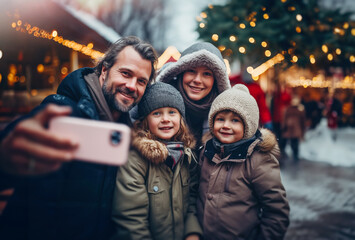During the Christmas time, a friendly family enjoy the holidays to visit the Christmas market. The father takes a selfie for the good memory. Generative ai
