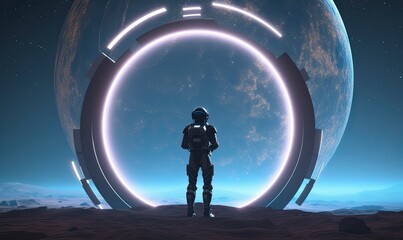 Astronaut in front of dimensional portal.