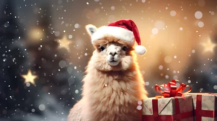 Foto auf Alu-Dibond Super cute alpaca in Santa hat with gift boxes. Merry Christmas greeting concept. AI generated image. © yekaterinalim