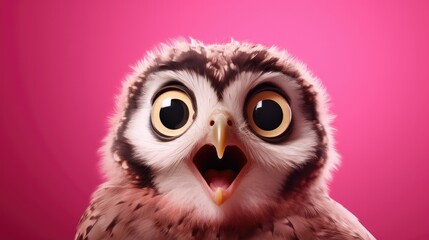 Shocked owl with big eyes isolated on pink background, cute and surprised face, Studio portrait of surprised owl, space background for sale banner poster.