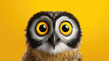 Poster Dessins animés de hibou Shocked owl with big eyes isolated on yellow background, cute and surprised face, Studio portrait of surprised owl, space background for sale banner poster.