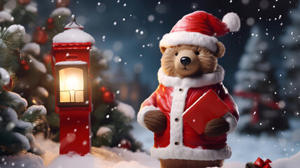Super cute Teddy bear in Santa hat with giftbox. AI generated image