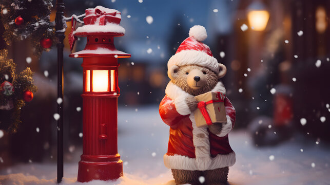 Super cute Teddy bear in Santa hat with giftbox. AI generated image