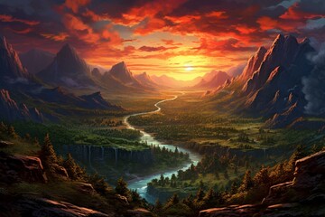 A stunning view of a serene valley with breathtaking colors as the sun sets. Generative AI
